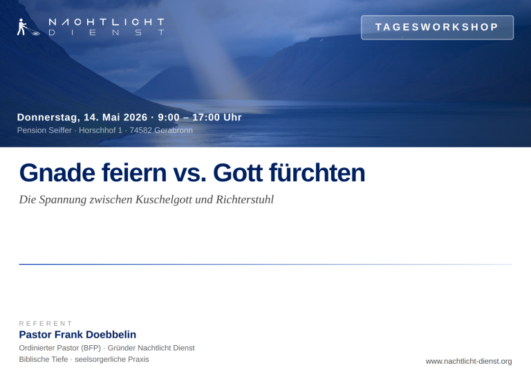 Bild des Flyers Einladung zum Workshop "Gnade feiern vs. Gott fürchten" am 14. Mai 2026.